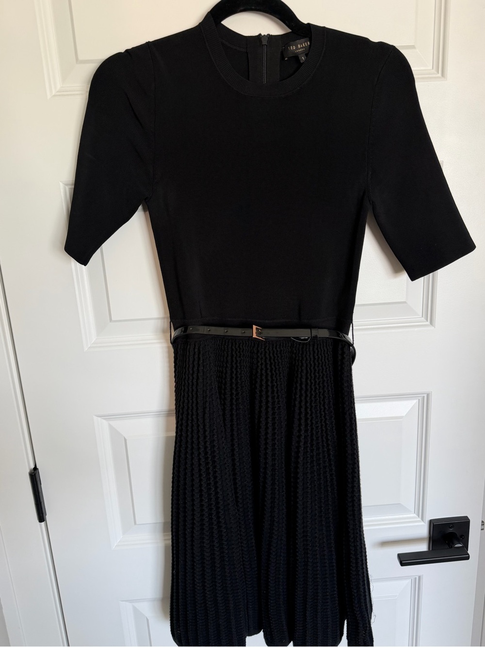 Ted Baker Black Short-Sleeve Knit Midi Dress with Belt